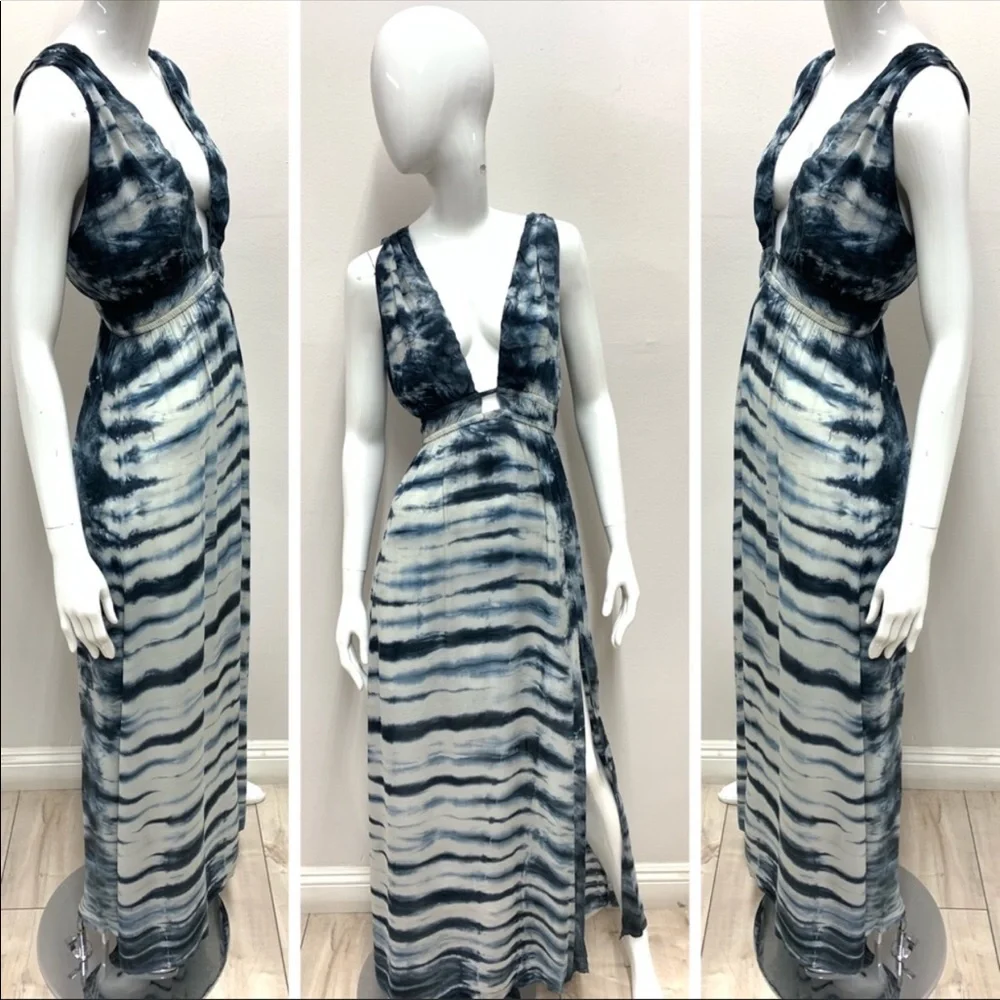 GYPSY05 NEW navy blue and white tie dye deep v maxi dress with leg slit,Gorgeous - Picture 1 of 9